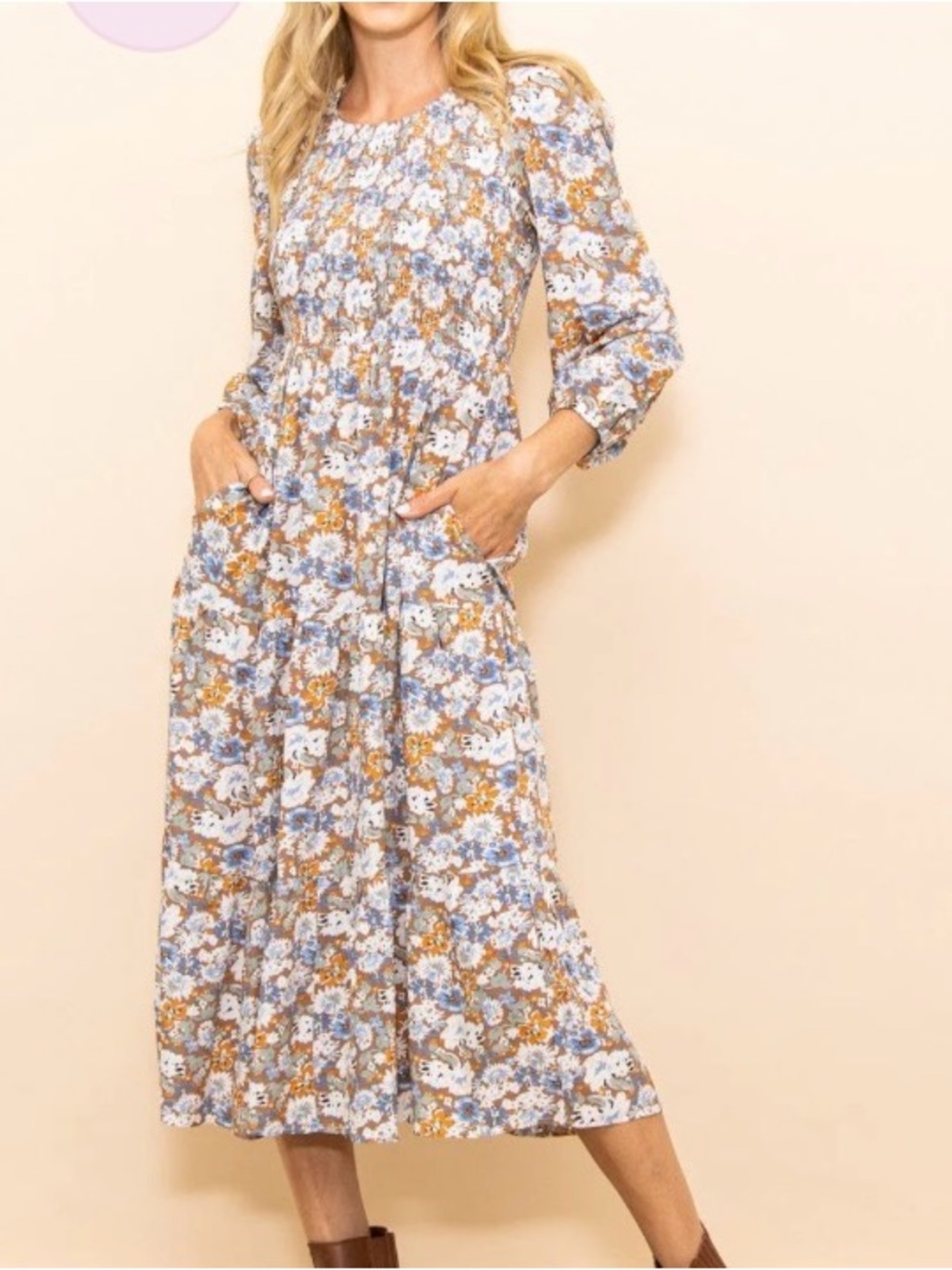 Taupe Floral Smocked Tiered Midi Dress
